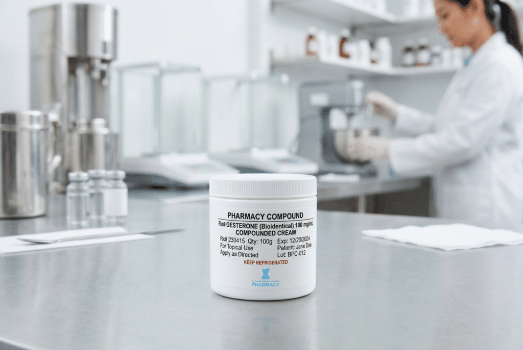 Jar of compounded bioidentical progesterone cream on a pharmacy counter with a pharmacist working behind it