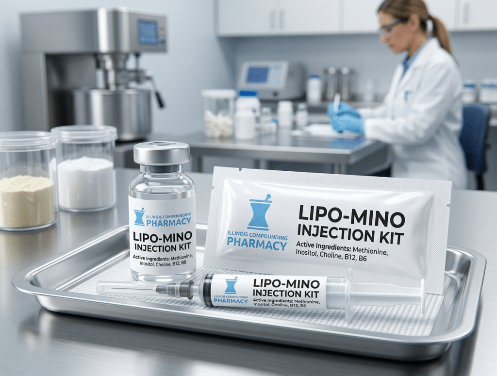 Compounded Lipo-Mino injection kit with vial and syringe on a pharmacy tray