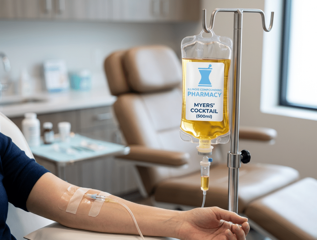 Patient receiving a compounded Myers' Cocktail IV infusion in a clinic chair