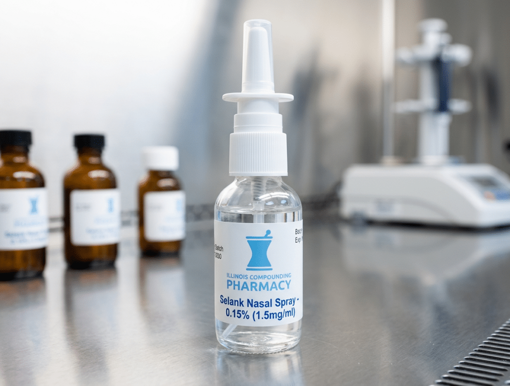 Compounded Selank nasal spray bottle from Illinois Compounding Pharmacy on a pharmacy bench